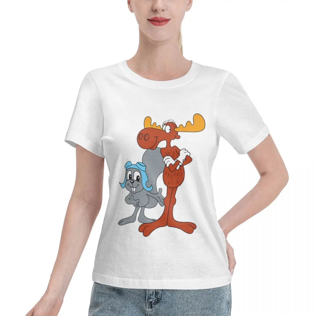 Bargain Price Rocky And Bullwinkle Women's T-shirt Solid Color 100% Cotton T Shirt