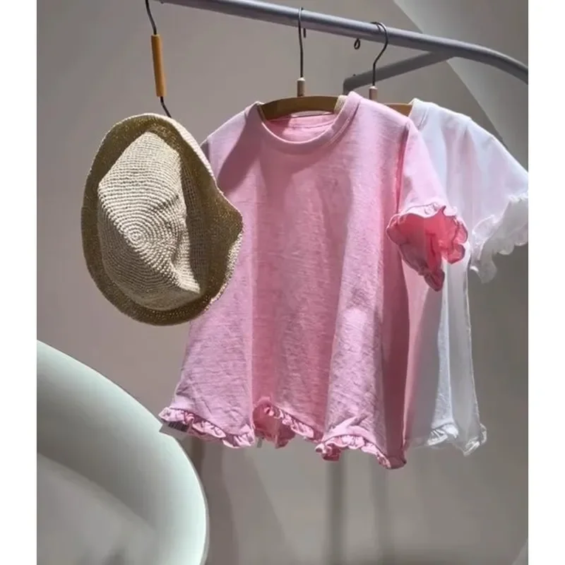 

Pink Short-sleeved T-shirt with Fungus for Women Fashion Loose Crop Top