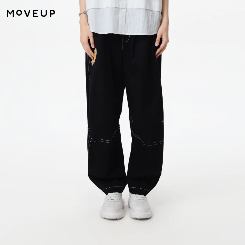 

MOVEUP Casual Straight Pants 2026 Summer New Elastic Waist Cat Embroidered Pocket Pure Cotton Loose Trousers For Women 325220121