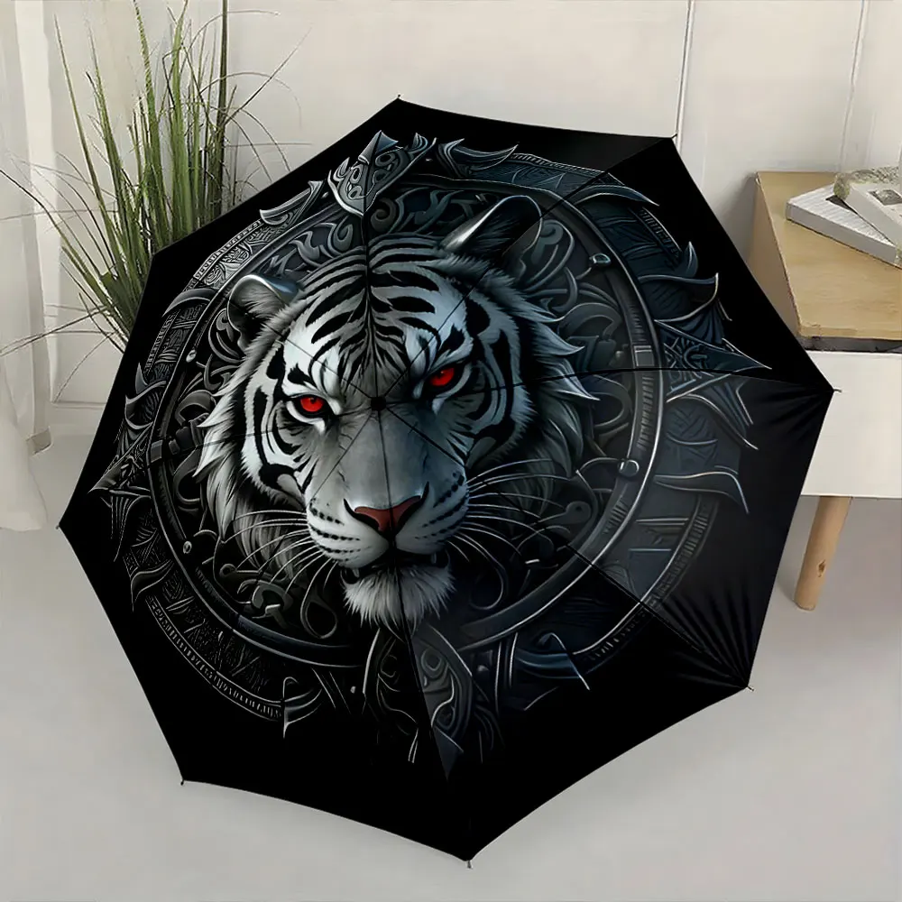 1PC Fierce Tiger Design Umbrella with Artistic Details Print 8 Iron Ribs Folding Umbrella Auto-Open Fashion Sunshade
