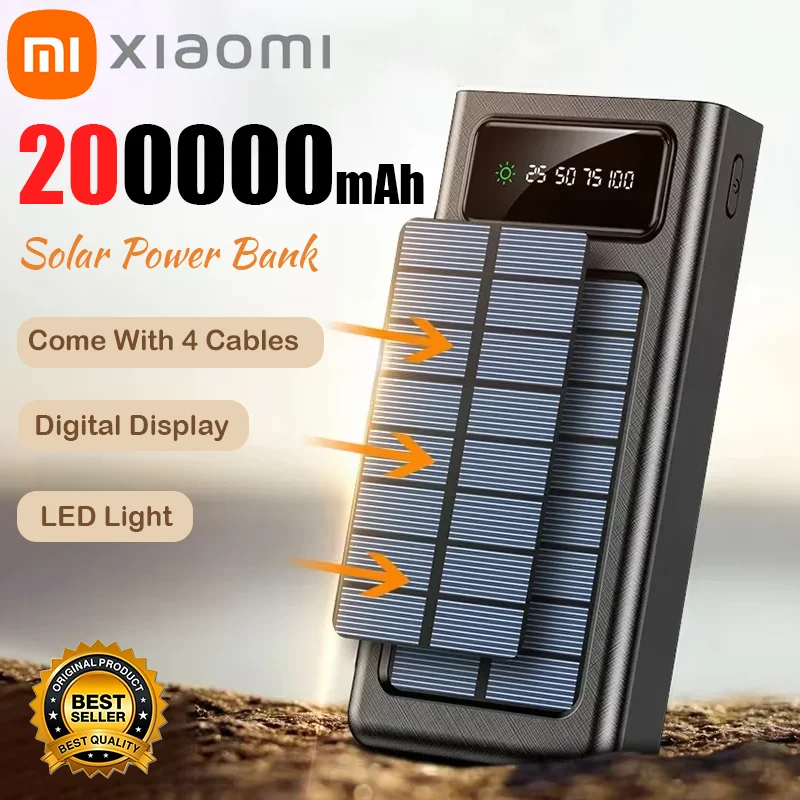 

Солнечный Power Bank Xiaomi 200000 мАч с сертификацией CCC, большой емкости, для быстрой зарядки мобильных устройств, с двумя USB-портами и 4 кабелями