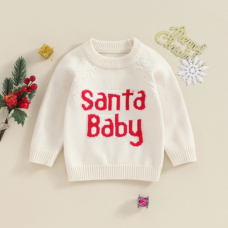 Children s Christmas Sweaters with Long Sleeves and Round Neckline Featuring Letter Print Design Cozy Knit Pullovers for Kids