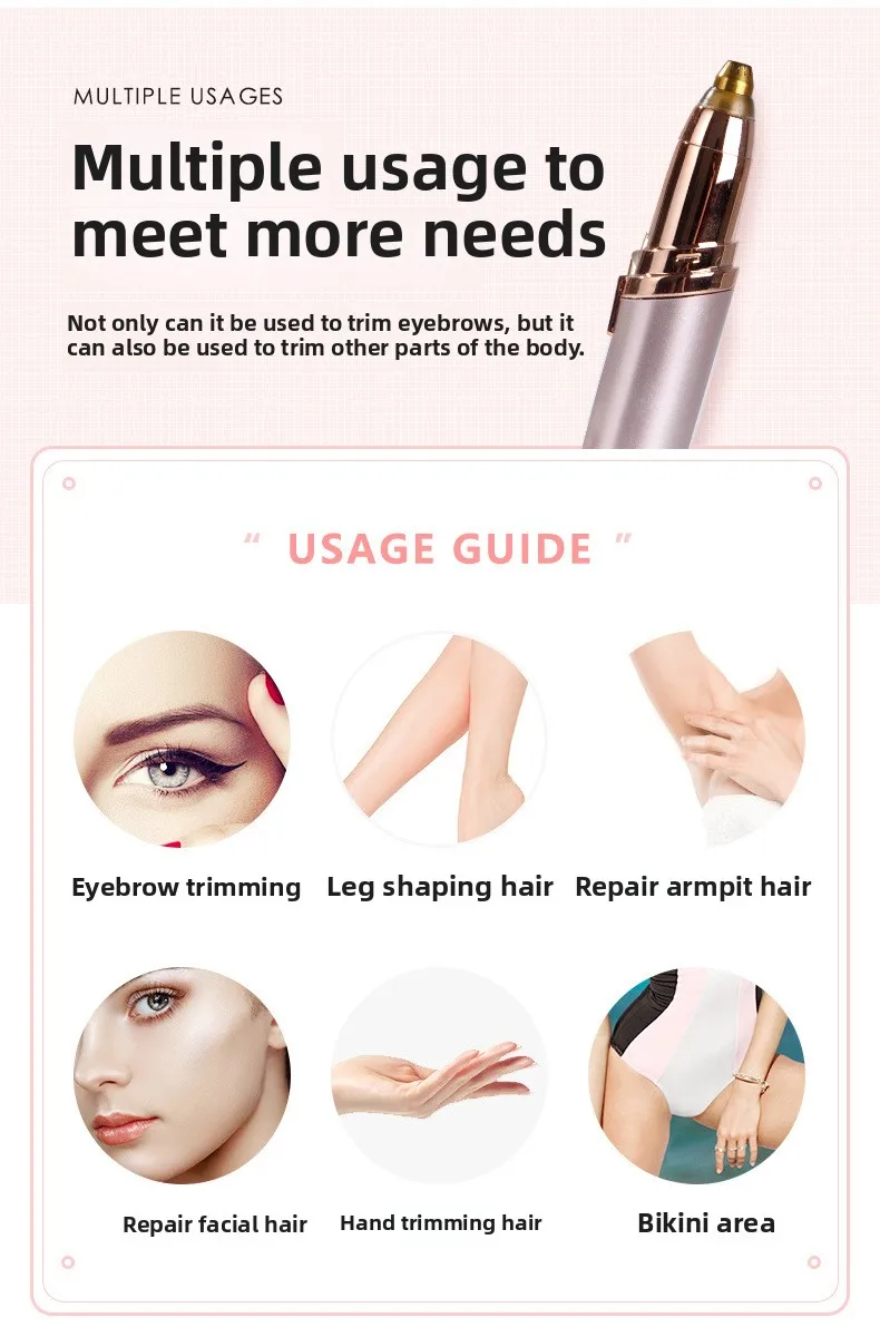 ماكينة تشذيب الحواجب الكهربائية للنساء، ماكينة إزالة شعر الحواجب غير المؤلمة للنساء، ماكياج شفرات صغيرة محمولة للوجه