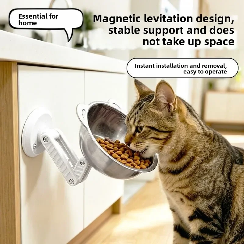 Magnetic Stainless Steel Cat Bowl Neck Protection Without Punching and Pasting Adjustable Dog Bowl Wall-mounted Dog Bowl