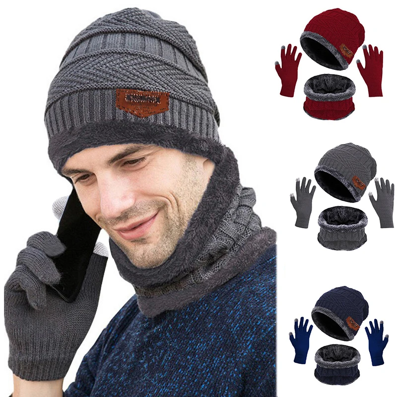 Ensemble de Chapeaux et Écharpes pour Homme, Gants à Écran Tactile, Chauds et Doux, Solides, Coupe-Vent, pour Étudiants Garçons, Hiver, 3 Pièces