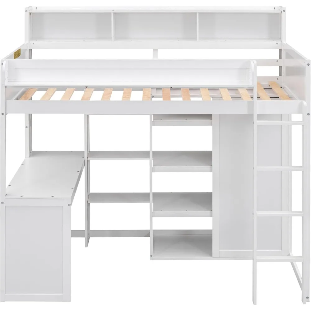 Lit mezzanine double Harper & Bright Designs avec armoire, bureau et plusieurs étagères de rangement, cadre de lit mezzanine en bois massif avec livre