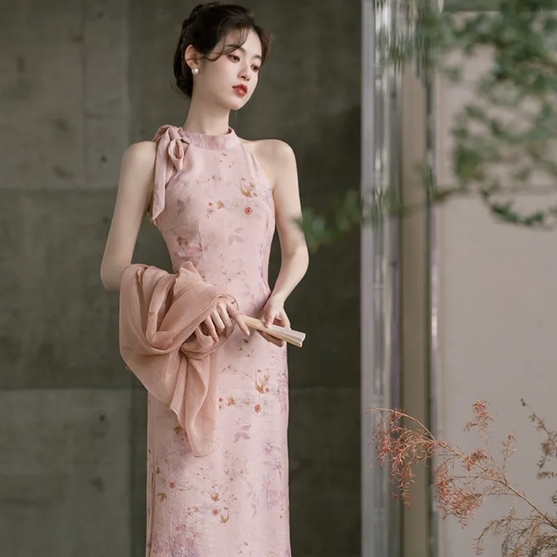 Chinese Style Pink Qipao Lady Dress Classical Elegance Long Print Flower Cardigan Cheongsam Sexy Slim Vestidos Evening Dress