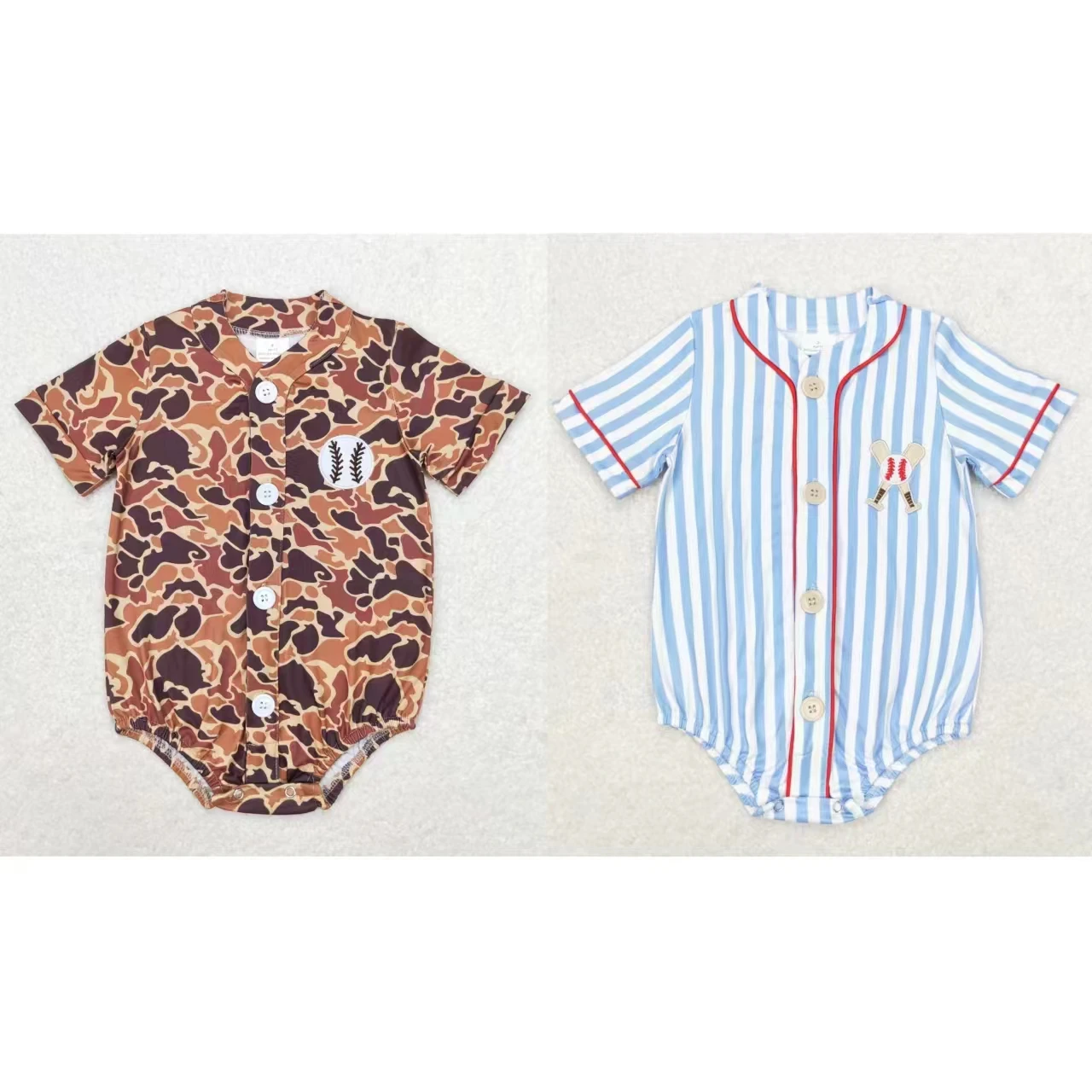 Wholesale Children Baby Boy Short Sleeves Summer Newborn Kids Toddler Romper Embroidery Coverall Baseball Camo Stripes Bodysuit