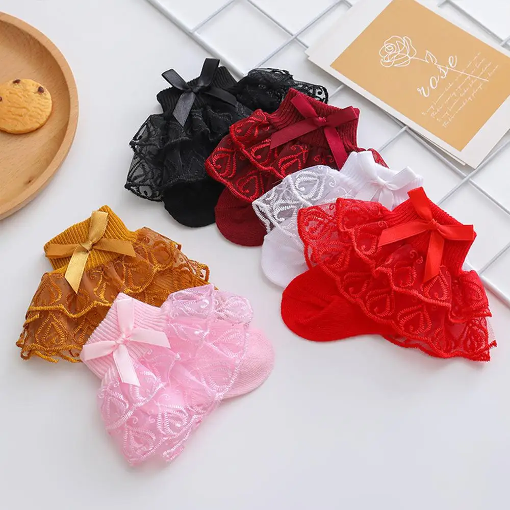Delicate Double-Layer Girls Lace Socks Soft Thin Toddler Ruffle Ankle Socks Elastic Fit Breathable Princess Bow Dress Socks