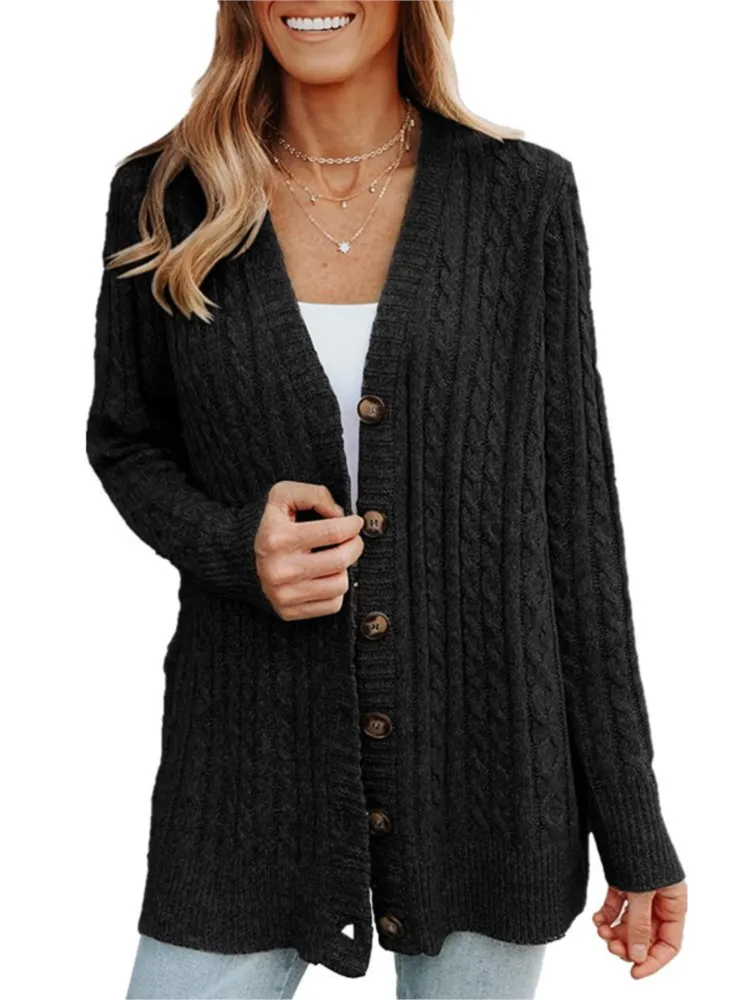 2024 Autumn/Winter Women's New Fashion Single Row Button Mid Length Knitted Cardigan Sweater Casual Women's Long Sleeve