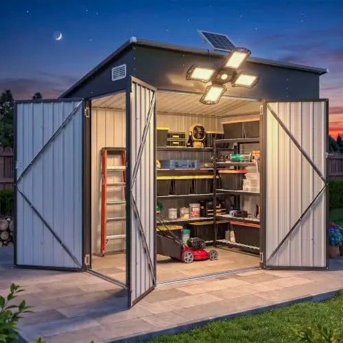 7.5'x4' Triple Door Shed Outdoor Storage Shed & Shed Light | Metal Storage Cabinet with Slopping Roof for Tools