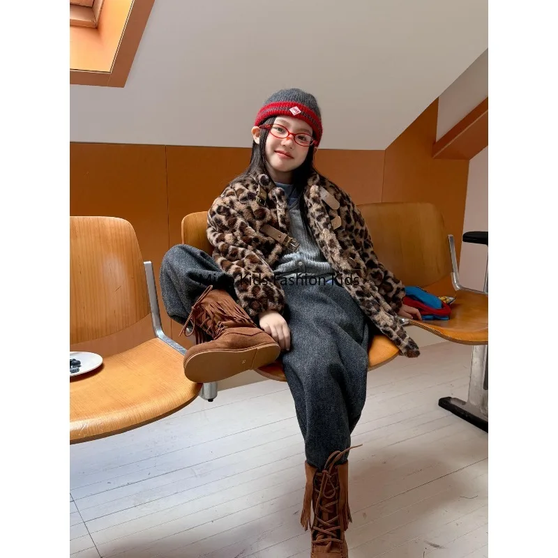 Children's clothing winter section children's  coat middle children boys  girls leopard print warm faux fur female treasure coat