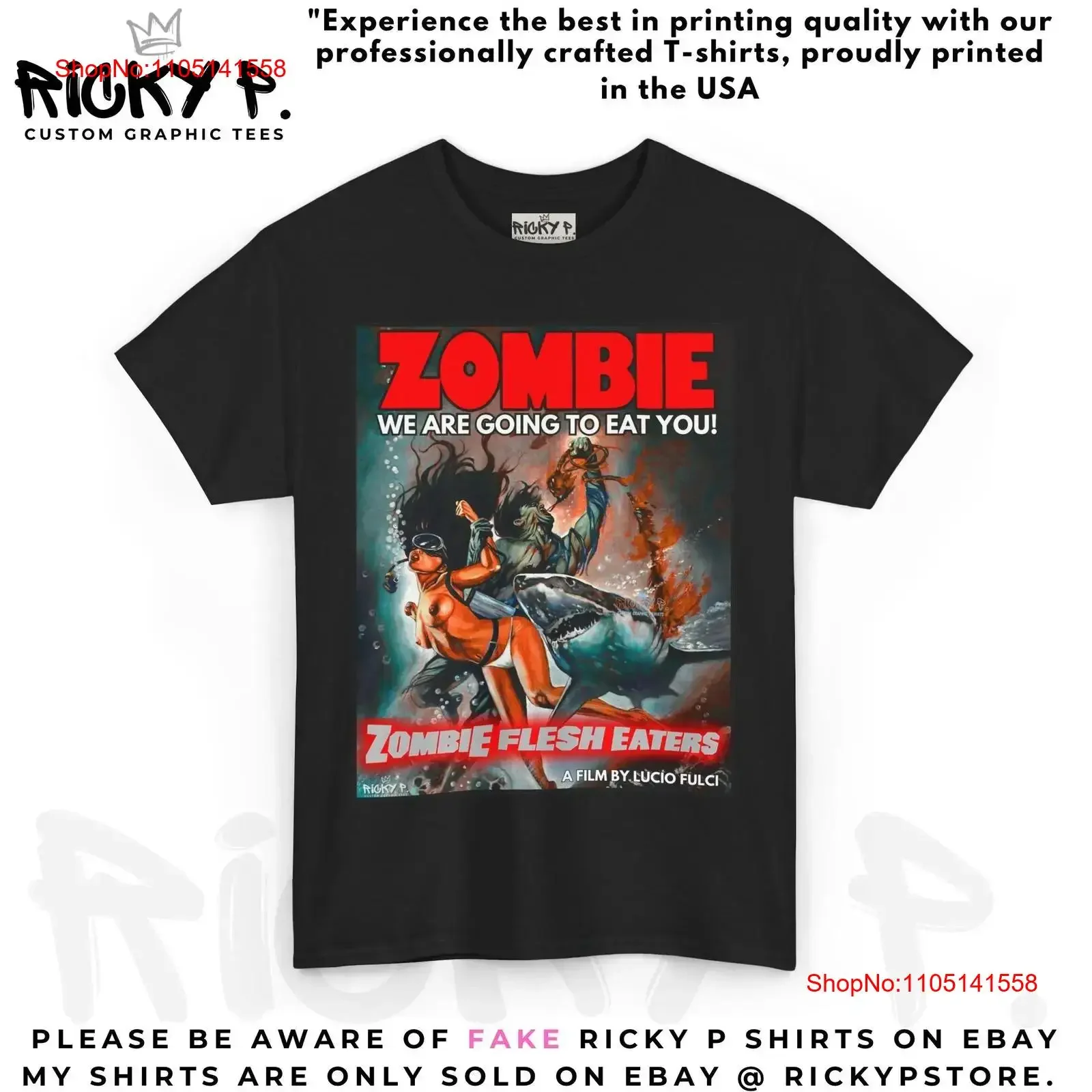 تي شيرت Zombie Ricky P Flesh Eaters 1979 Lucio Fulci من القطن الثقيل تي شيرت عتيق مغسول موضة ملابس الشارع الشهير للجنسين مريح