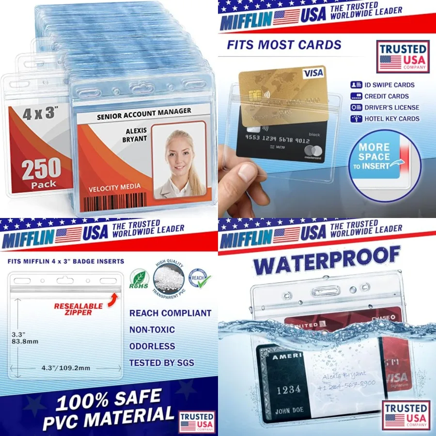 

USA Card Protector Clear, 4x3 Inch, 2 Pack,Waterproof and Resealable Horizontal Plastic ID Name Badge Holders