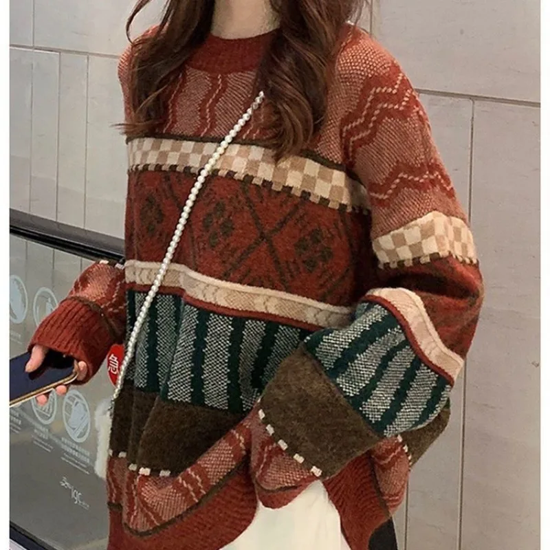 Women\'s Vintage Autumn and Winter Round Neck Printing Distressed Patchwork Sweater Loose Korean Pullover Knit Long Sleeve Tops