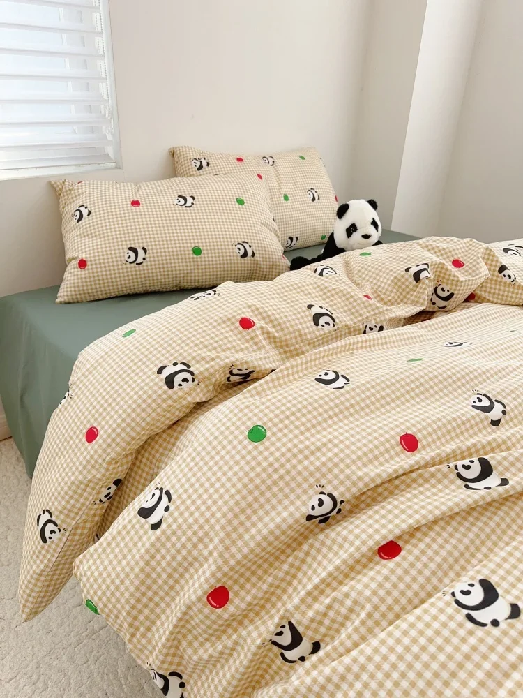 

Cartoon cute panda ins small fresh plaid bed four-piece cotton pure cotton sheets