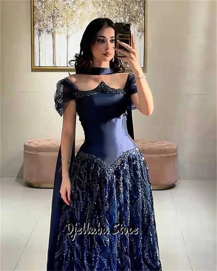 

Luxury Beading Saudi Arabia Navy Blue Evening Dresses Pearls Crystals Wedding Party Gown فساتين Prom Dress Customized