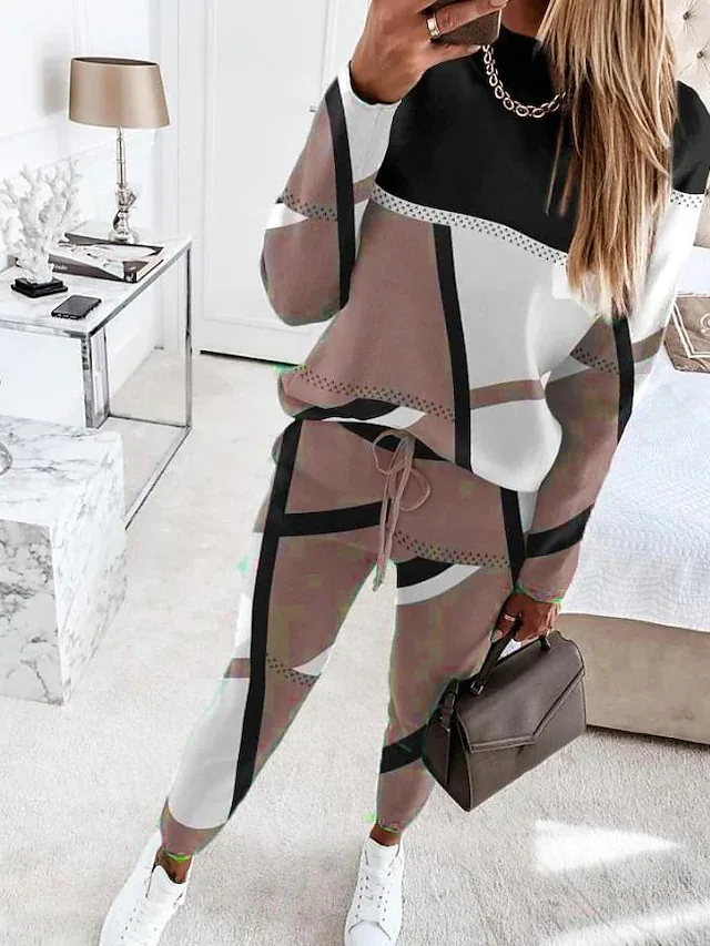 

Women's Suit 2024 New Two-piece Fashion Colorblock Printed Long Sleeve Round Neck Contrast Color Casual Pants Women's Suit