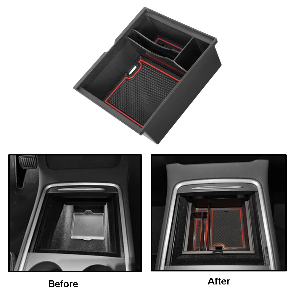 

Auto Center Console Armrest Organizer Storage Box Tray Flocking Lined/Silicone Mat For Tesla Model 3 Y Accessories 2021-2023