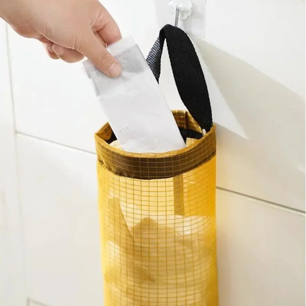 1pc Grey Sundries Bag Storage Wall Mount Mesh Plastic Bags Dispenser Hanging Reused Storage Pouch Trash Bags Kitchen Garbage Org