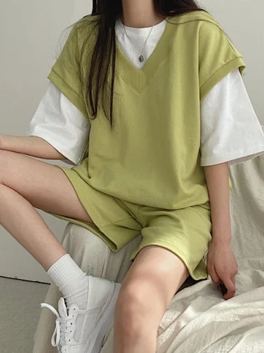 

Chic V-Ne Svel Vest Sweatirt Women's Loose Waist Casual orts Sport Two-Piece Set Faionable Autumn Collection
