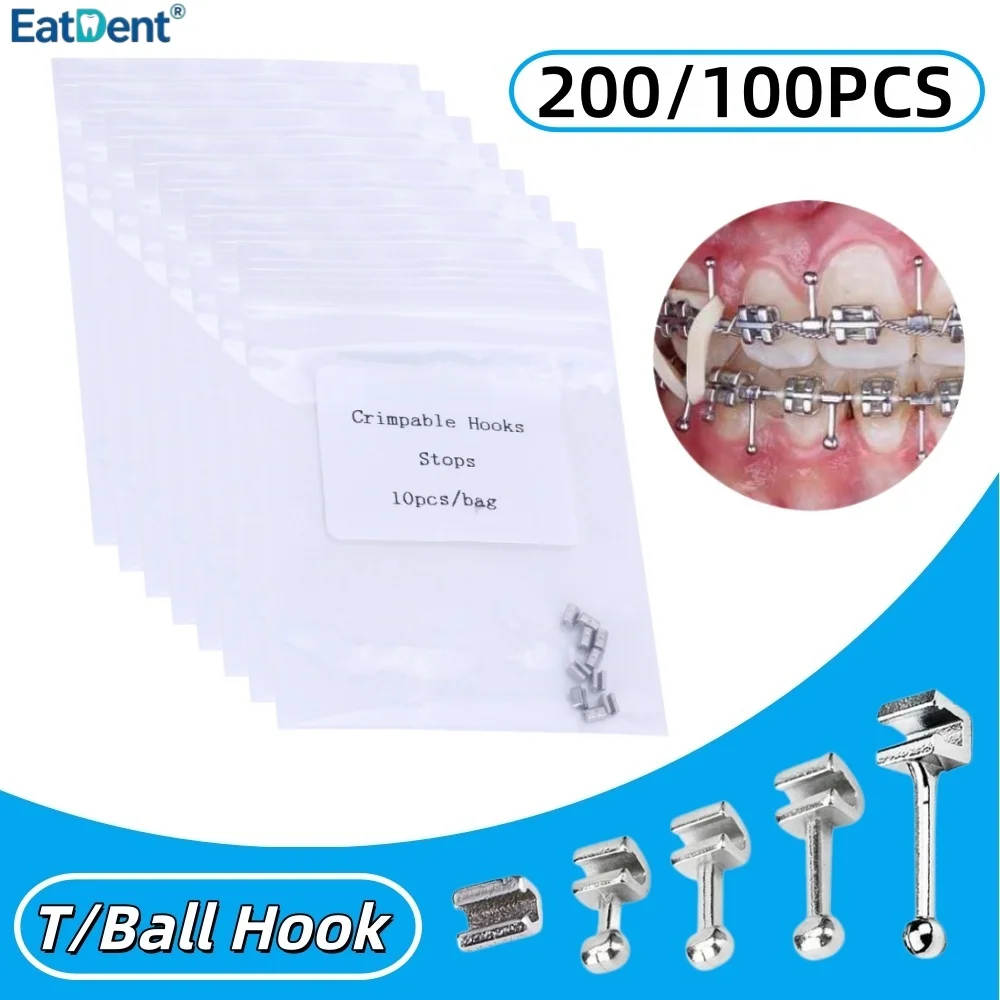 200/100Pcs Dental Orthodontic Crimpable Hook Sliding T/Ball  Hook Fixed on Arch Wire Stainless Steel Fixed Dentistry Materials