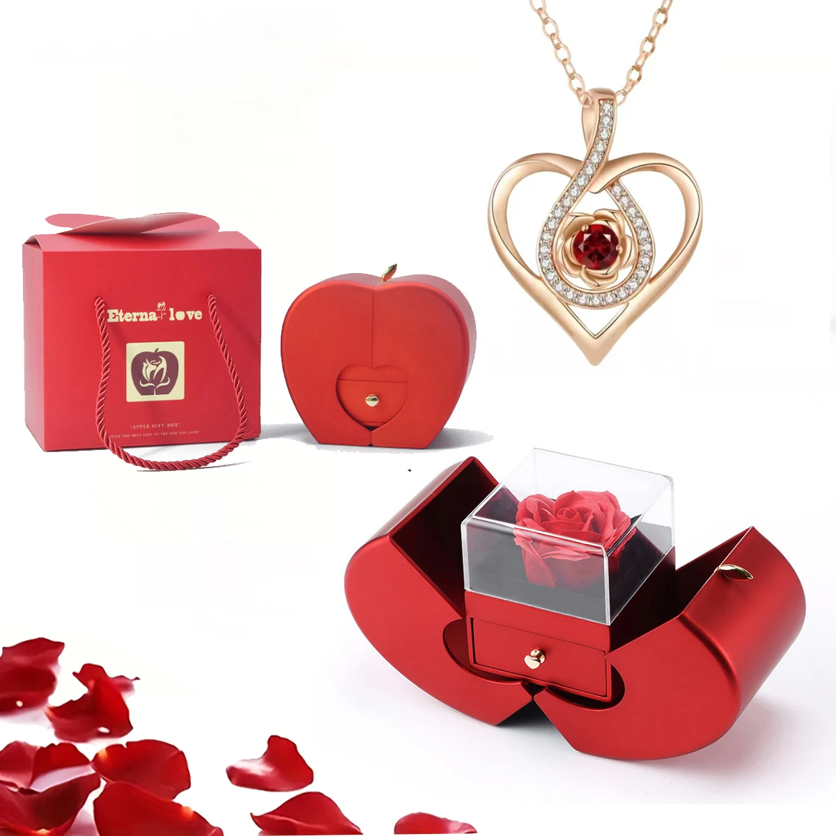

Heart Necklace Pendant Luxury Flower Zircon With Apple Rose Gift Box Fashion 2025 New Romantic Wedding Mother Day Jewelry