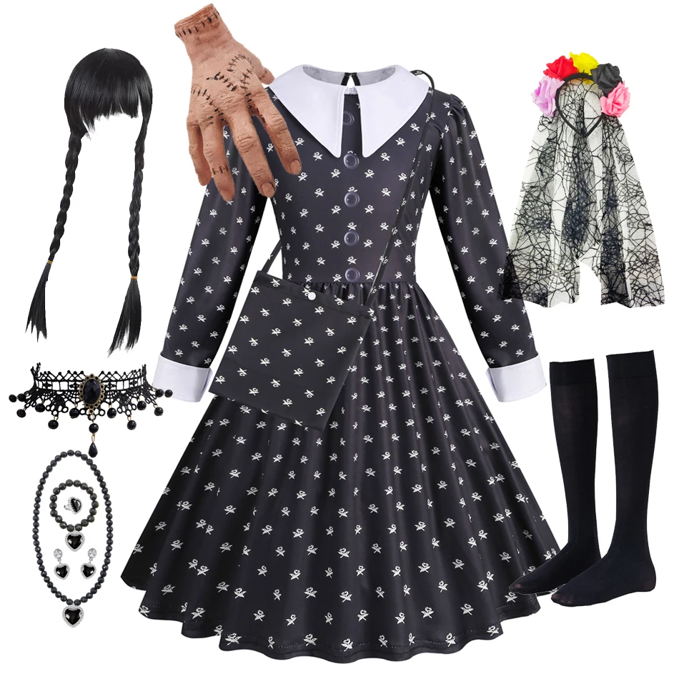 Addams Cosplay Girl Costume Long Sleeve Fantasy Spring Autumn Party Dot Dress Halloween Carnival Costume for Kids 3-12Yrs