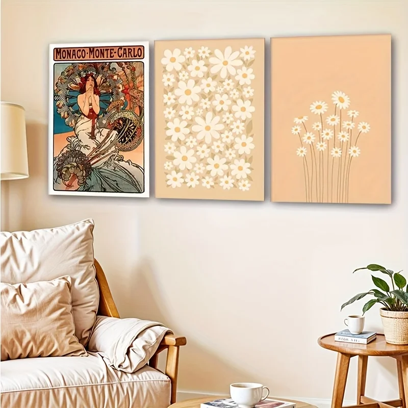 2D Flat, 3pcs Decorative Canvas Art Set, 2D Frameless High-Quality Prints - Modern Floral Wall Paintings with Soft Beige Backgro