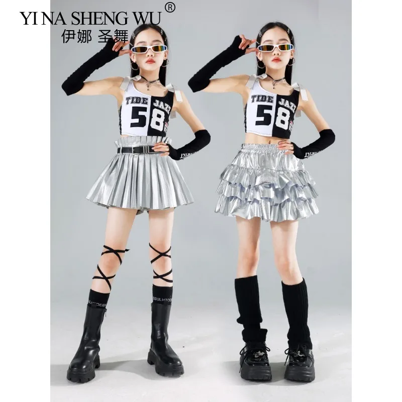 الفتيات ملابس رقص الجاز الأسود المحاصيل سترة الفضة تنورة مجموعة الاطفال الهيب هوب الجاز الملابس مجموعات الأطفال الشارع الشهير K-pop ازياء