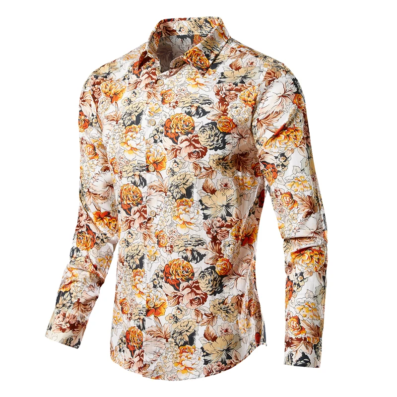 New Men\'s Long Sleeve Hawaiian Shirts Cotton Casual Floral Casual Shirts Fashion Slim Print Male Beach Blouse Plus Size M-5XL