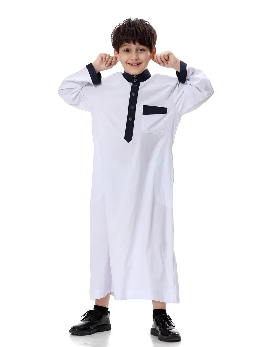 Men Eid Muslim Ramadan Morocco Jubba Thobe Arab Dubai Kaftan Islam Modest Single Breasted Button Loose Children Abayas