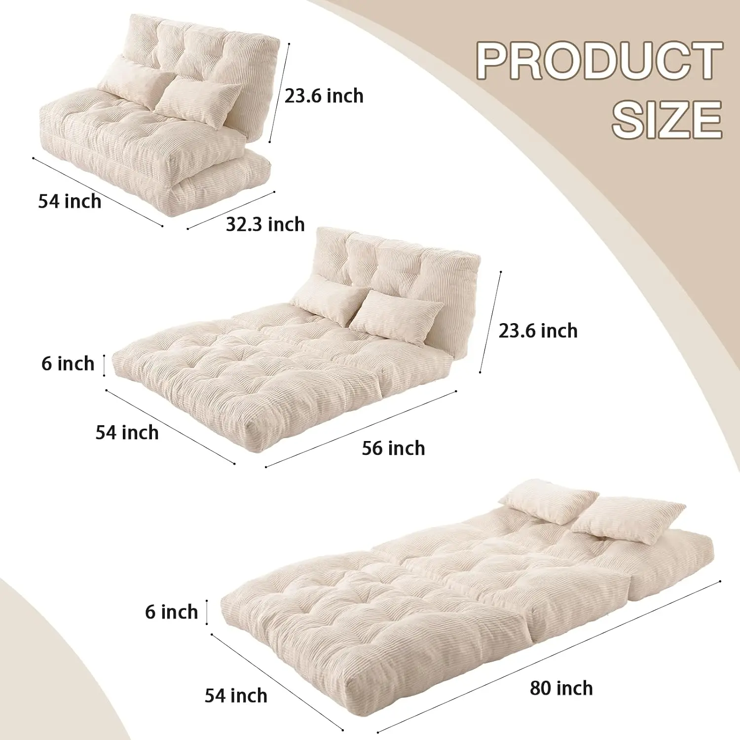 Folding Sofa Bed Fold Out Floor Couch Convertible Sleeper Chair Bed | Full 80x54 Inch,Corduroy,Foam Filler,Pillow,Foldable Mattr