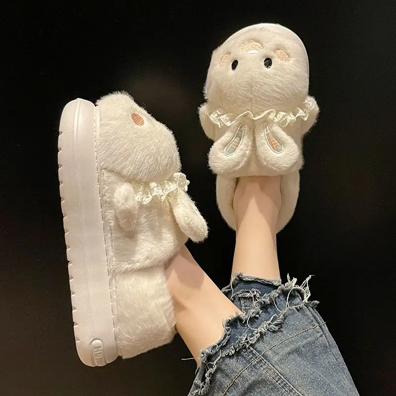 ​Women's Cartoon Rabbit Cotton Slippers Winter Non Slip Plush Indoor Outdoor Warm Furry Ankle Support Slippers​