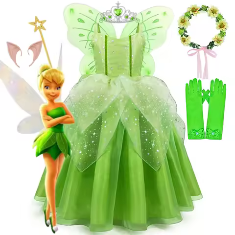 Disney Girl Tinker Bell Costume Elf Princess Dress for Kids Green Tinkerbell Fancy Dress Elves Carnival Party Flower Fairy Dress