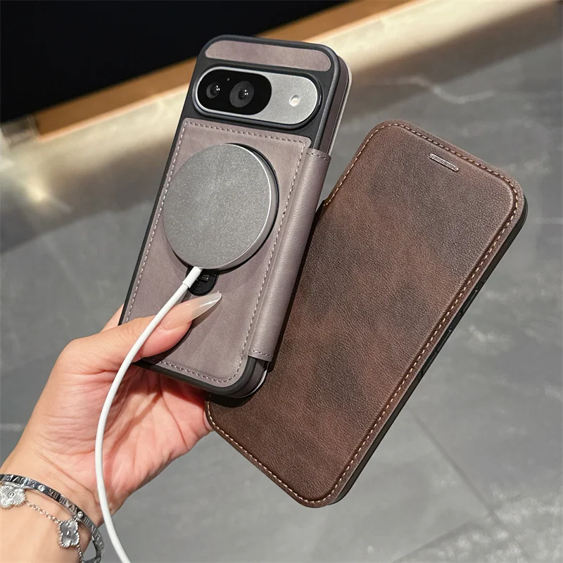 高級PUレザーカードウォレットフリップケース Google Pixel 10 9 Pro XL 8 9 10 Pro 9A用 マグネット式Magsafe 360度回転リングブラケットカバー