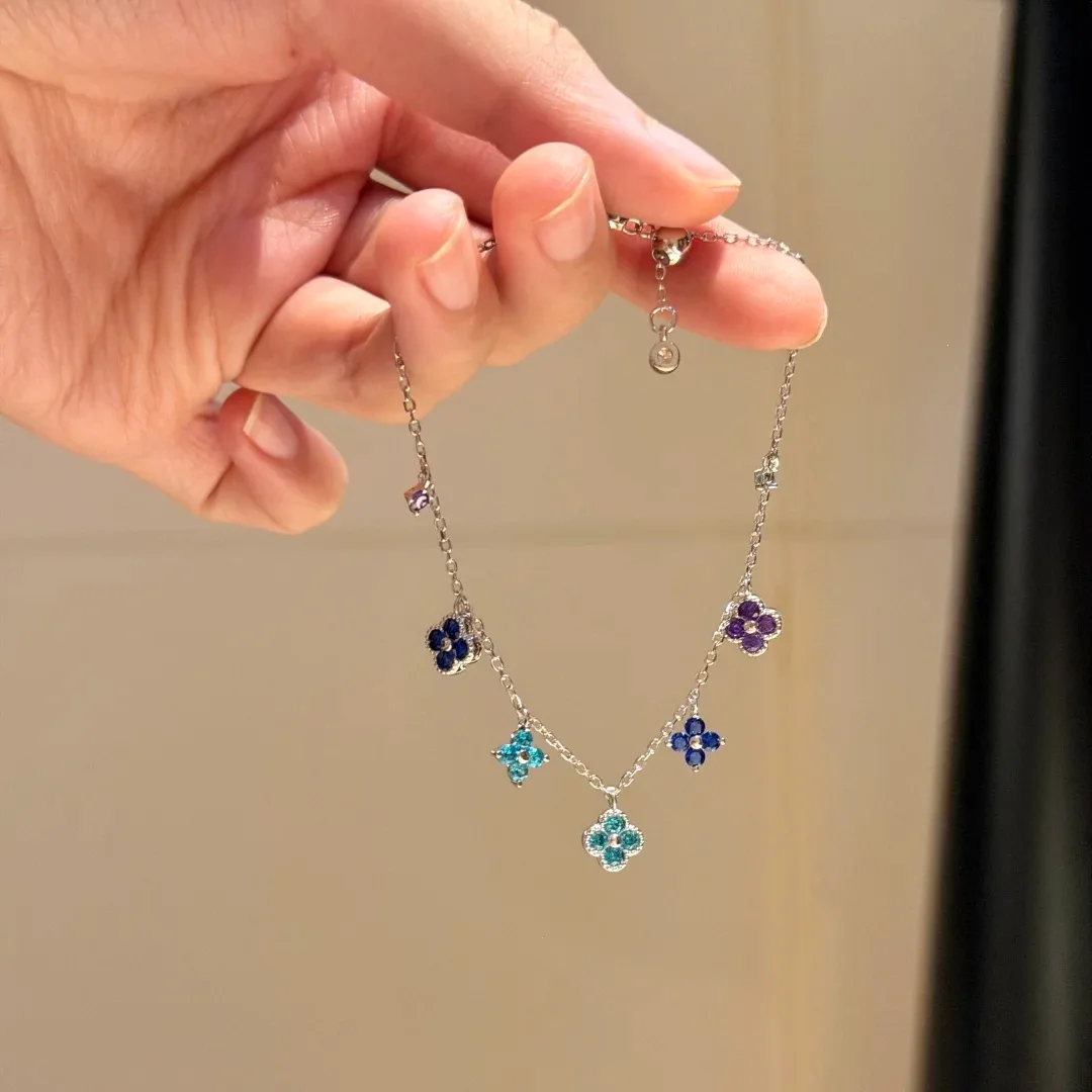 Summer Colored Dopamine Lucky Grass Necklace Fashionable French Light Luxury Layered Collarbone Chain Flower Bracelet For Women