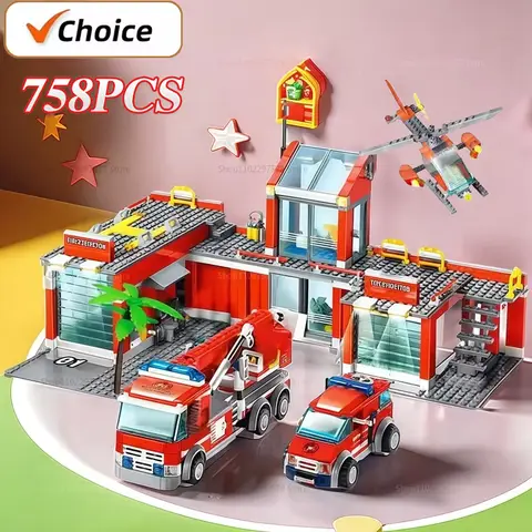 758pcs City Series Fire Station Model Building Blocks Truck Helicopter Firefighter Bricks City Educational Toy For Children Gift