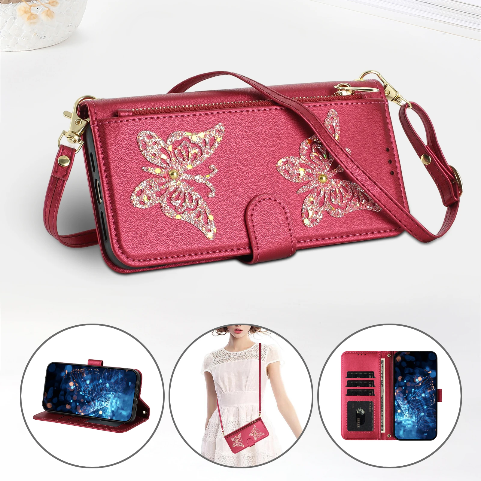 Crossbody Long Strap Glitter Butterfly Leather Phone Case For Samsung S26 Ultra S25 S24 Plus S23 S22 A17 A07 A57 A37 Cute Cover - view 4