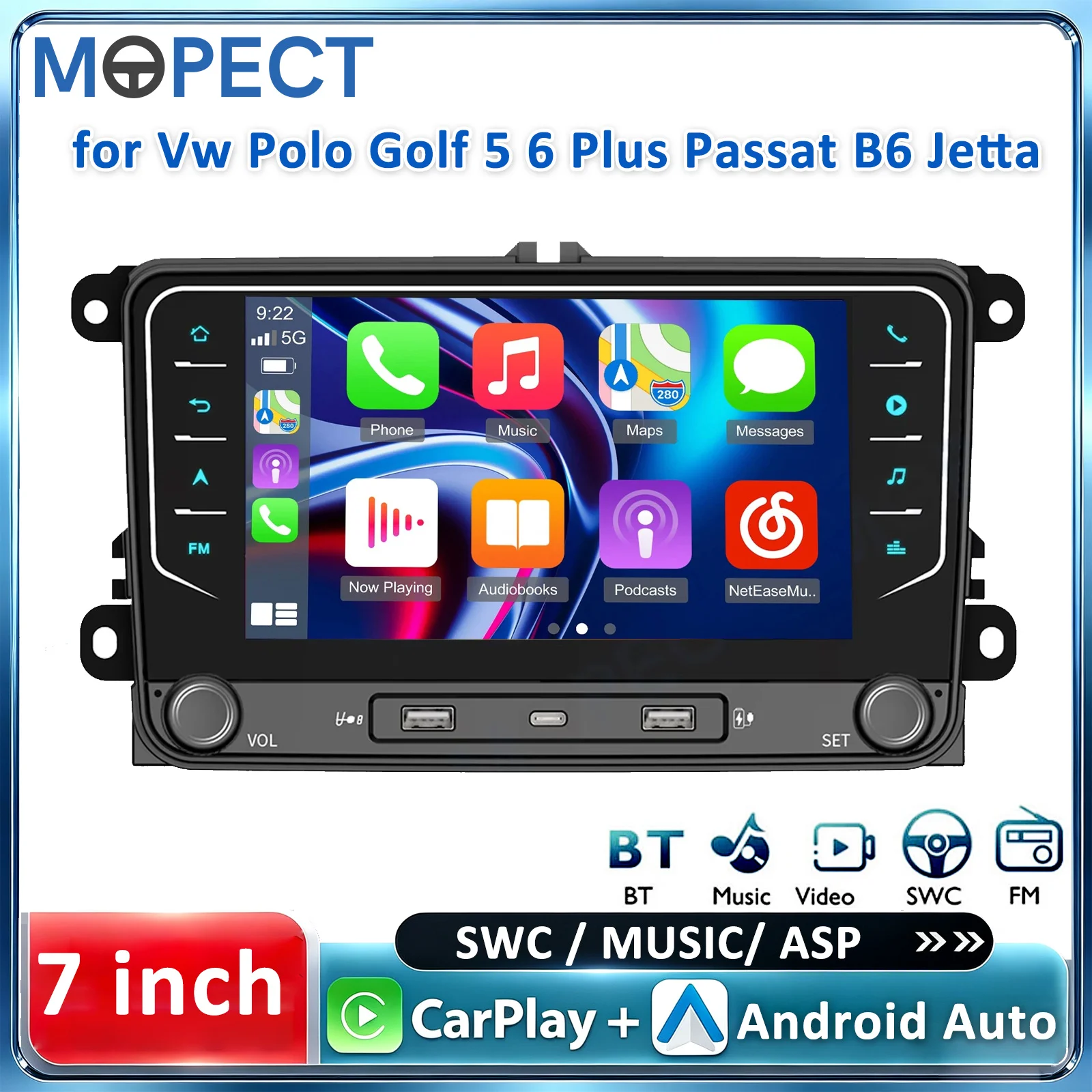 Autoradio MOPECT DAB+ 9 pollici 2 DIN Android 15 con CarPlay e Android Auto wireless, 4GB RAM 64GB ROM, navigazione GPS, Bluetooth, WiFi, SWC, radio per VW Golf 5/6/Plus/Passat