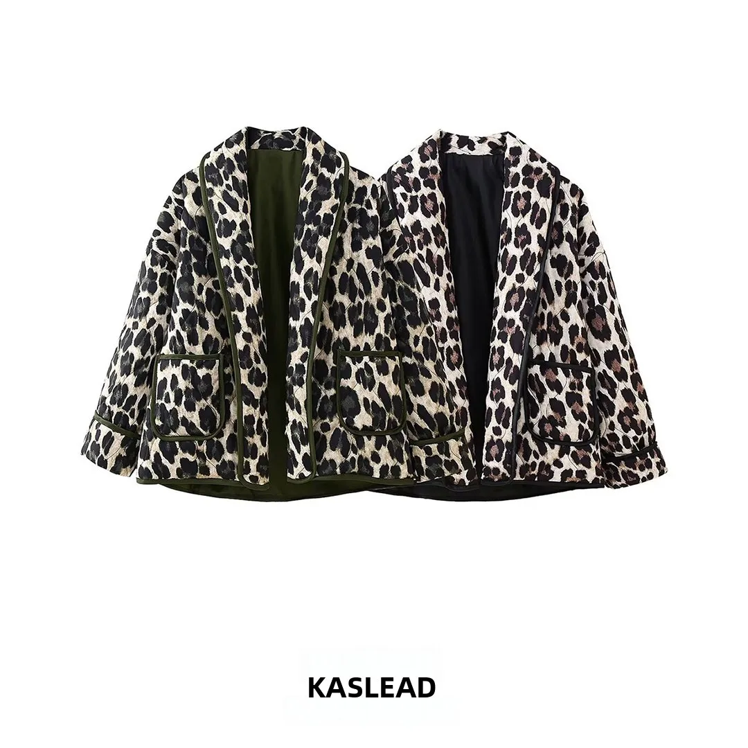KASLEAD New Women's Fashion -Print High-End Feelings Leopard Print Cotton Jacket Versatile Cotton Coat European Style