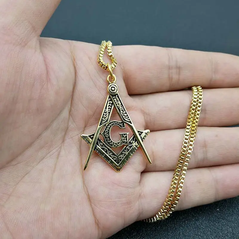 Men\'s Gold color Masonic Symbol Pendant Necklace 316L Stainless Steel Fashion Punk Retro Freemason Pendant
