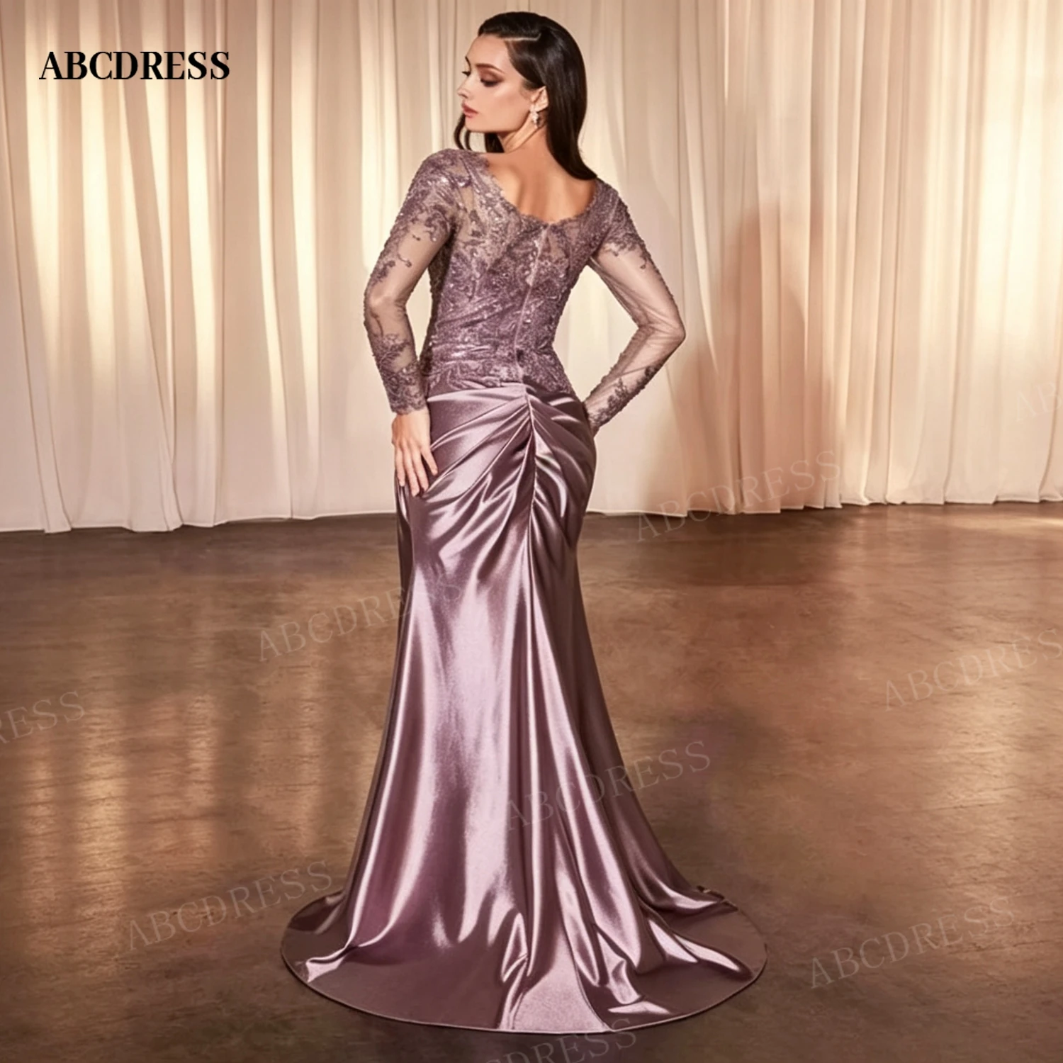 ABCDRESS Custom Satin Mermaid Mother Of The Bride Dress Long Sleeve Lace Sequin Appliques High Slit Formal Evening Gown