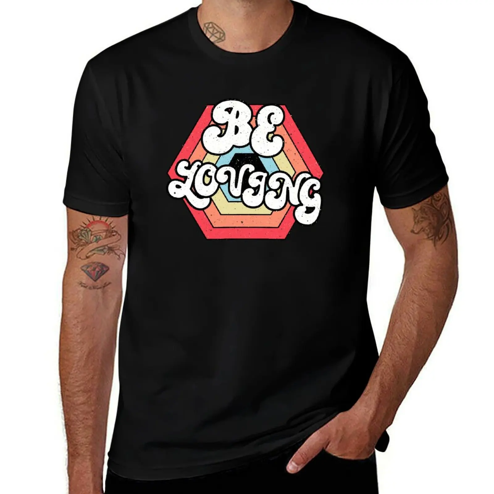 Be Loving Hexagon Sunset with Bee T-Shirt Street Art Print Tee Shirt T-Shirt