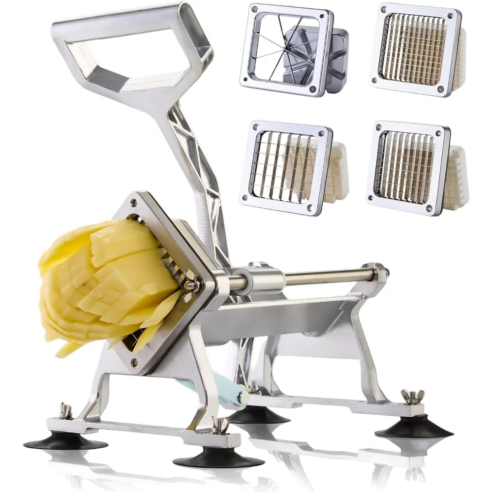 

Stainless Steel French Fry Cutter with Adjustable Blades for Potatoes, Carrots, Cucumbers - Heavy Duty Manual Chopper