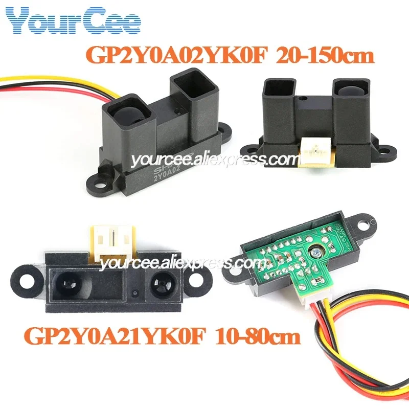 2pcs/1pc P2Y0A21YK0F 10-80cm GP2Y0A02YK0F 20-150cm IR Infrared Proximity Sensor Module GInfrared Analog Distance 4.5~5.5V