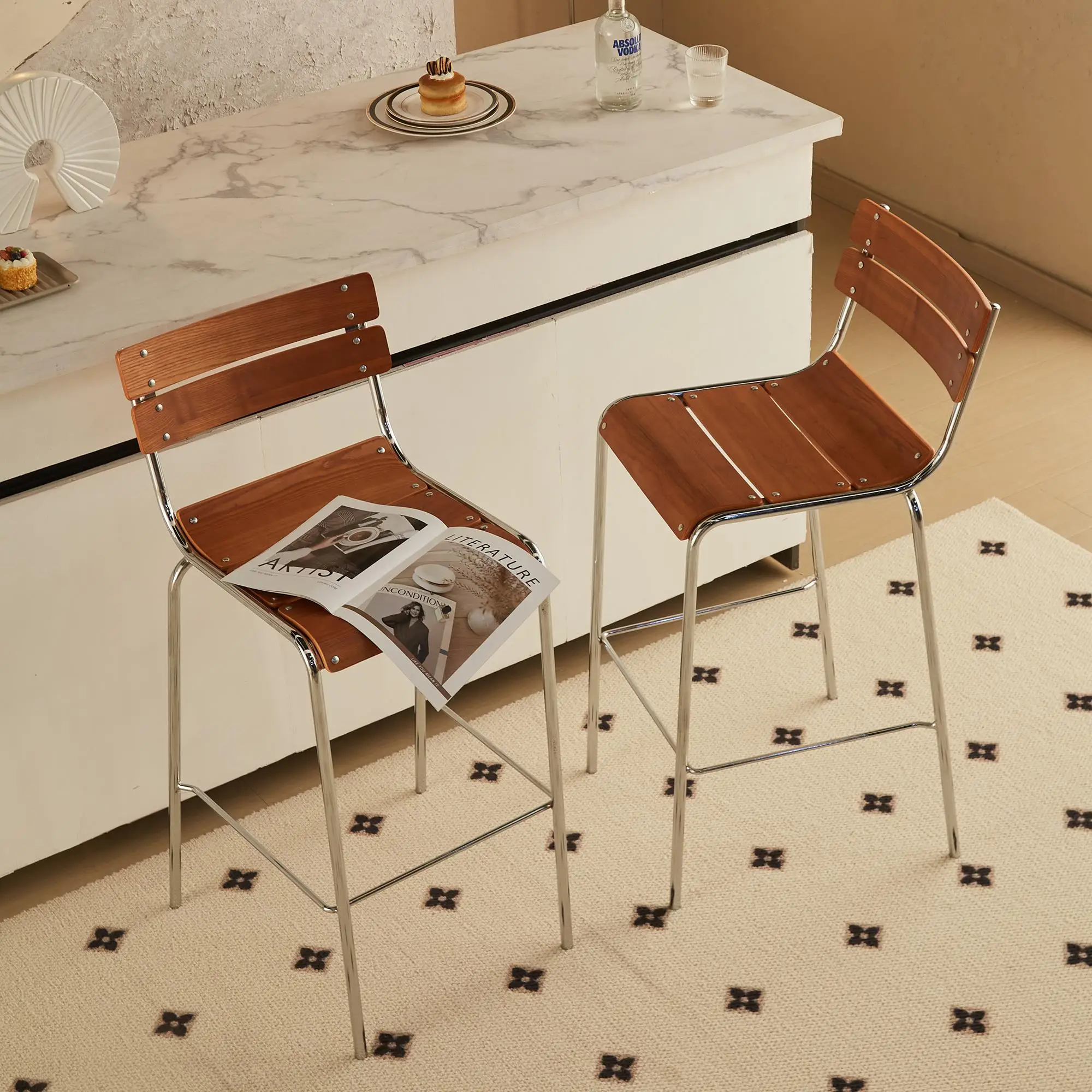 

Medieval solid wood bar chair household island high chair high feeling backrest bar chair wrought iron milk tea shop high
