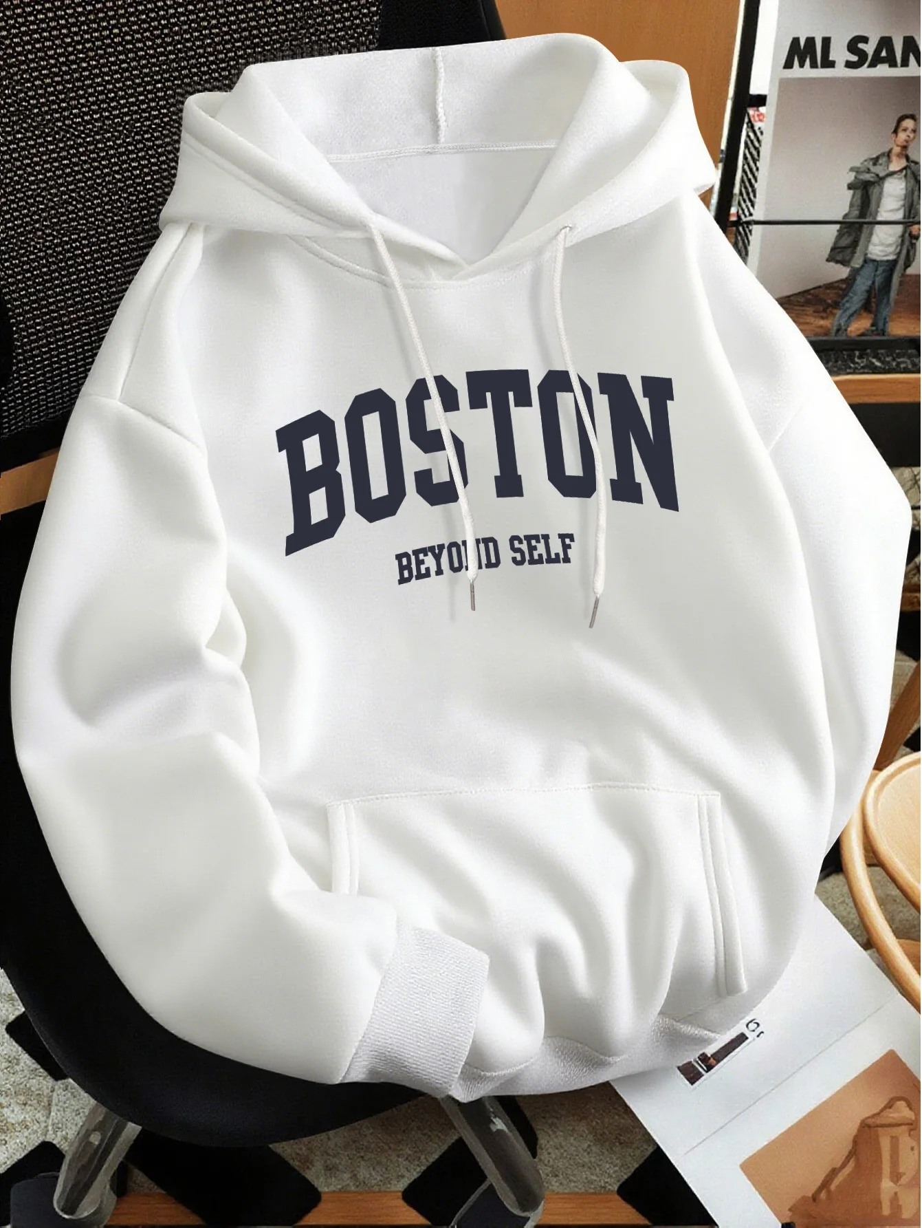 Autumn Winter Unisex Hooded Sweatshirt, Vintage College Boston Text Print Pullover Hoodie Casual Streetwear Long Sleeve Tops