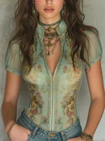 Vintage Floral Zip-up Sheer Slim Fit Blouse Top for Women Mandarin Collar Short Sleeve Top Summer Elegant Boho Shirt Blouse