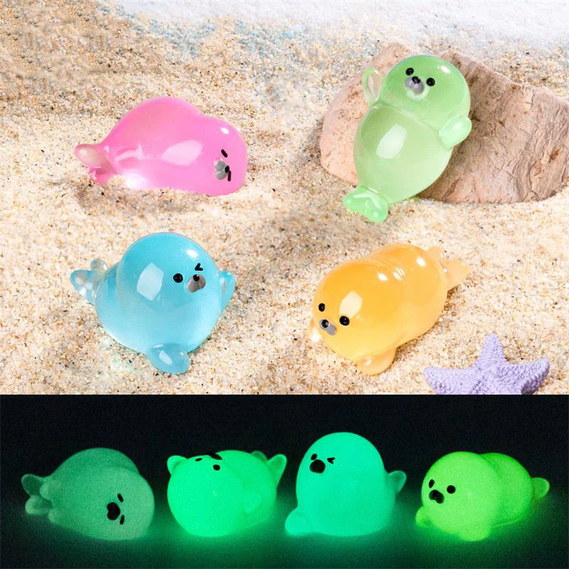 Mini Cartoon Cute Colorful Seal Luminous Toy Animal Beach Ocean Micro Landscape Ornaments Car Home Decoration DIY Accessory Gift